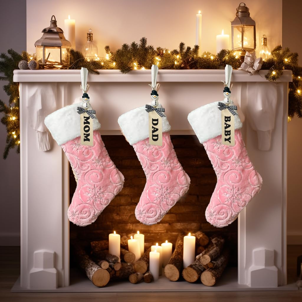 AOGU 3Pack 19 Inch Sequin Faux Fur Christmas Stockings Sequin Snowflake Hanging Ornaments Candy Gift Bags for Christmas Decorations Pink