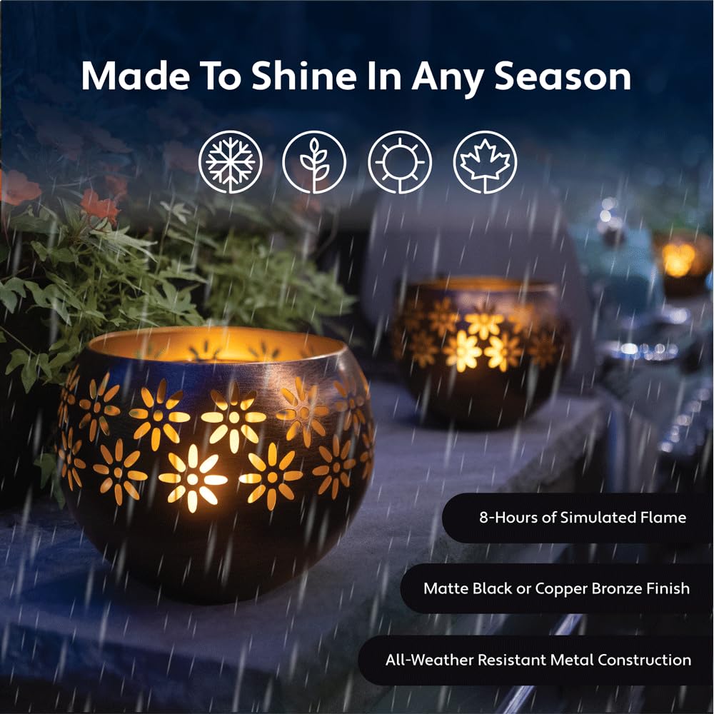 Solar Fire Bowl (1-Pack) Outdoor Waterproof Solar Lanterns - Metal Porch Lights with Flickering Flame for Tabletop, Patio, Garden & Landscape Decor (Bronze/Copper)