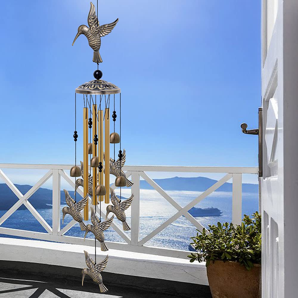 Large Hummingbird Wind Chimes Outdoor Indoor Decor -With 4 Tubes 6 Bells 7 Hummingbirds, Mobile Wind Catcher, Hummingbird Wind Bell for Home, Xmas Mom Gifts, Festival, Balcony, Tree, Garden Decoration