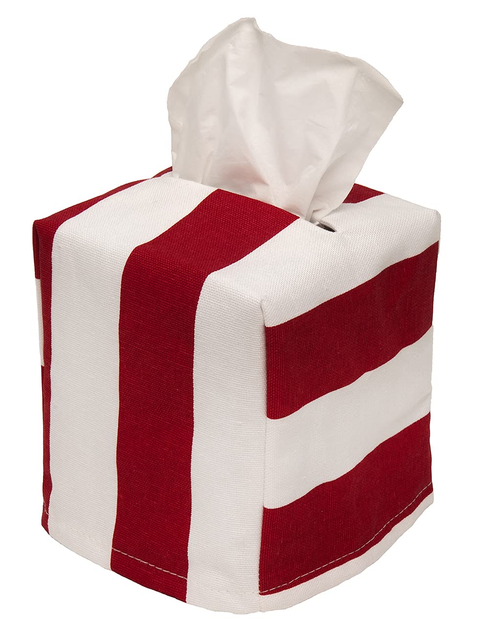Tissue Box Cover, Soft Cloth Tissue Dispenser Cover for Square Cube Tissue Boxes- One Size Tissue Box Holder Fits Most Cardboard Tissue Holders - Lined, Red and White Striped, Made in USA