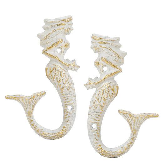 Sungmor Set of 2 Cast Iron Mermaid Wall Hooks – Vintage Towel Hanger, Nautical Ocean Theme Decor with Distressed White Finish – Heavy Duty Decorative Coat Hooks for Beach House, Bathroom, or Entryway