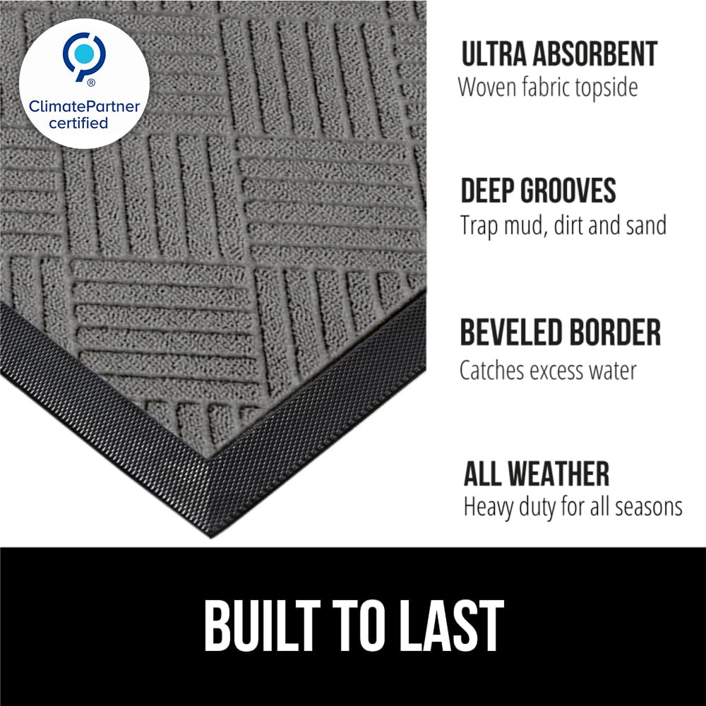GORILLA GRIP 100% Waterproof All-Season WeatherMAX Doormat US Designed Natural Rubber, Stain Fade Resistant, Low Profile Indoor Outdoor Door Mats, Easy Clean, 29x17 Gray Diamond