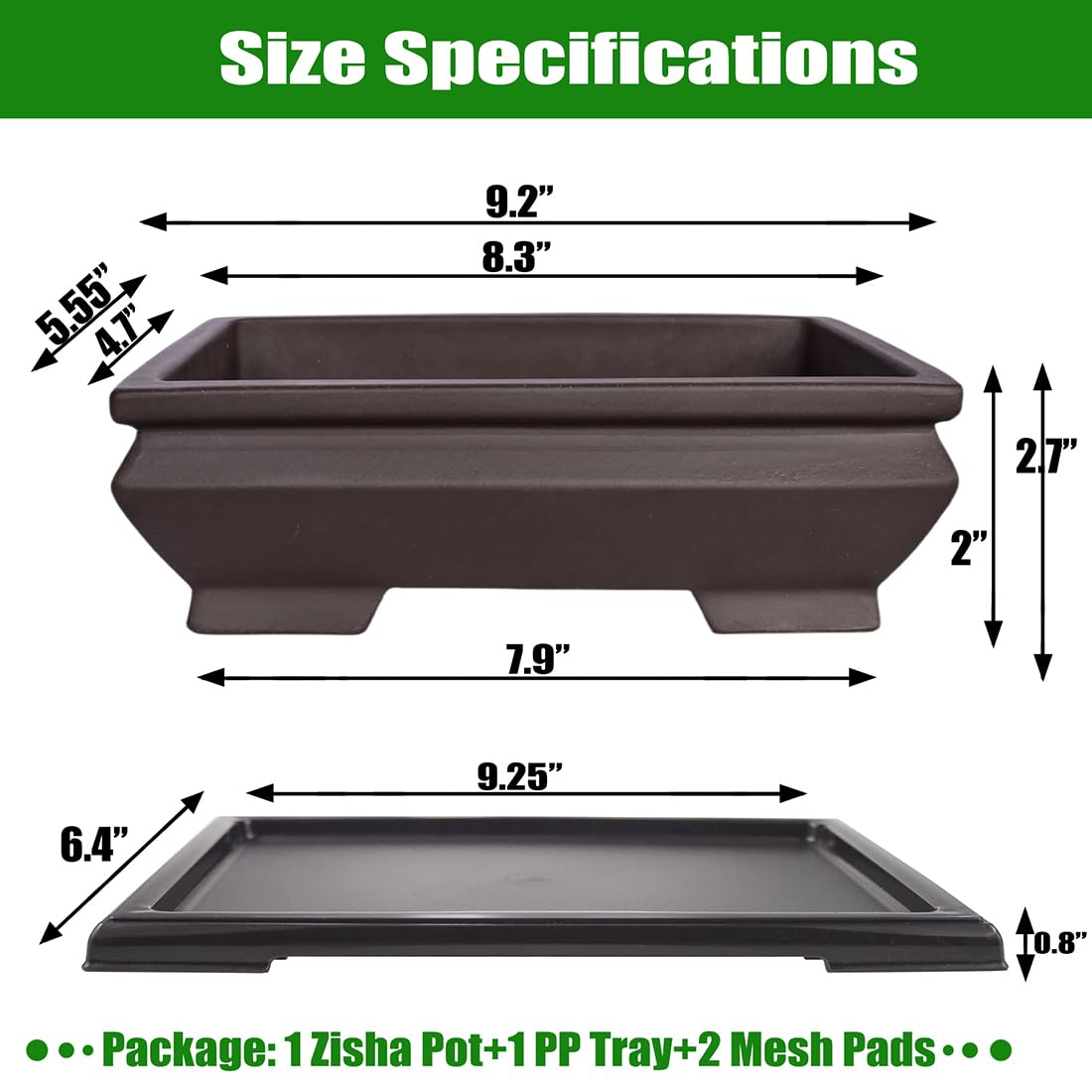 MUZHI Unglazed Ceramic Bonsai Pot with Drainage Tray, Rectangle Vintage Brown Bonsai Planter with 4 Raised Feet for Juniper Maple, Succulent Planter Pot with Drip Tray (Elegant Rectangle)