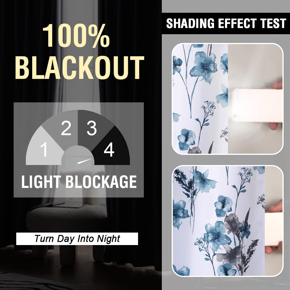 H.VERSAILTEX 100% Blackout Curtains 84 inch Length 2 Panels Set Cattleya Floral Printed Drapes Leah Floral Thermal Curtains for Bedroom with Black Liner Sound Proof Curtains, Grey and Blue