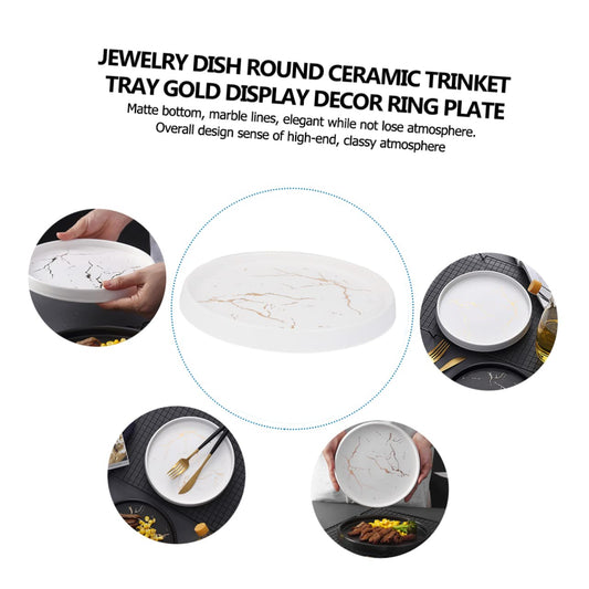 FRCOLOR 1pc Round Ceramic Jewelry Dish Elegant Gold Ring Holder Durable Glazed Design for Rings Necklaces Trinkets Minimalist Marble Pattern Easy to Clean Decorative Tray