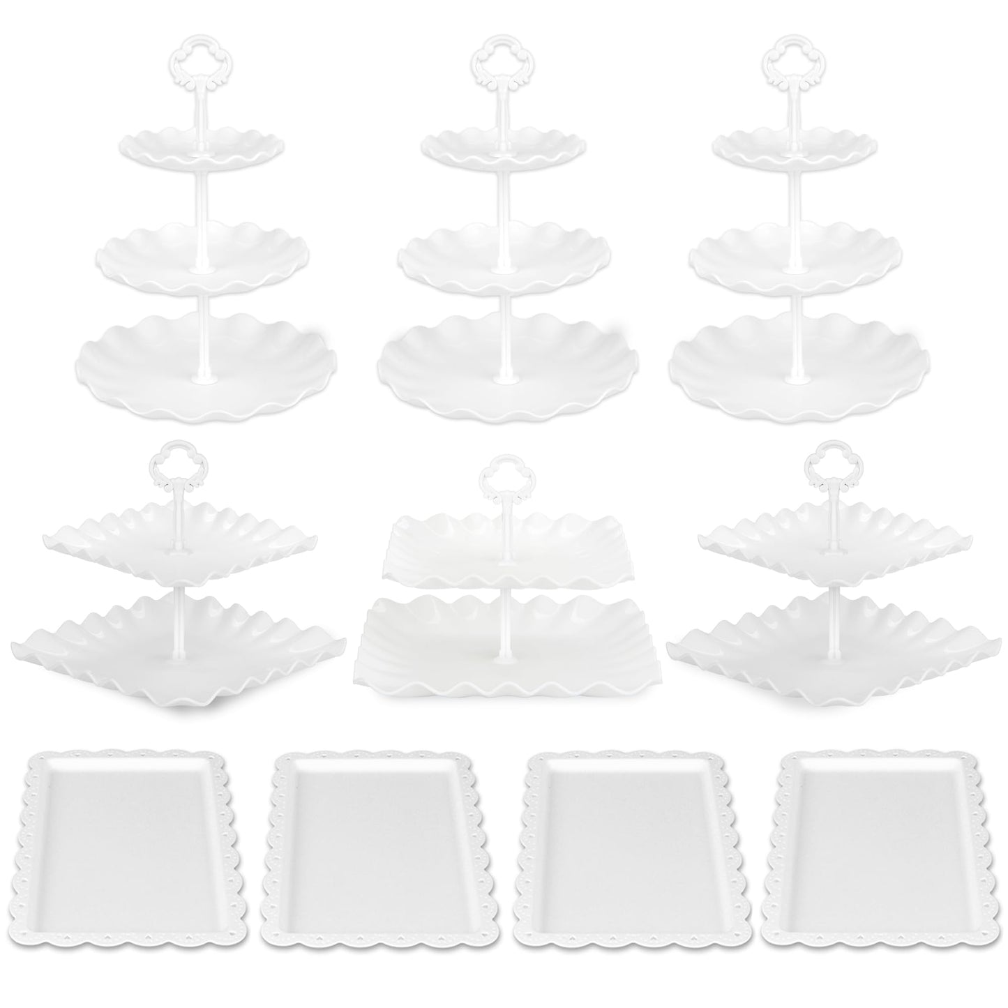 Pack of 10 NWK Cake Stand Set, with 3 x Two-Tier and 3 x Three-Tier Cupcake Stands, 4 x Appetizer Trays, 1 x Tablecloth for Birthday Bridal Baby Shower Party (White)