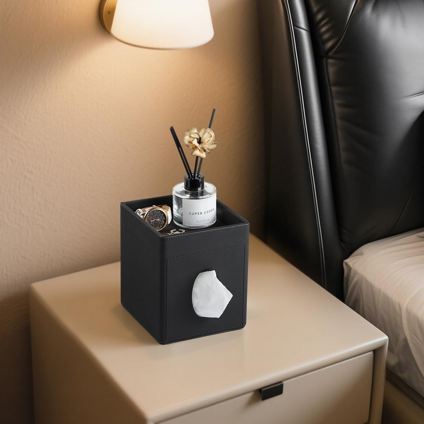 Cretkhp Tissue Box Cover, PU Leather Square Tissue Box Holder with Storage Tray for Bathroom Vanity Countertop Night Stands Bedroom Office Desk, Stylish Tissue Holder Decorative Organizer (Black)