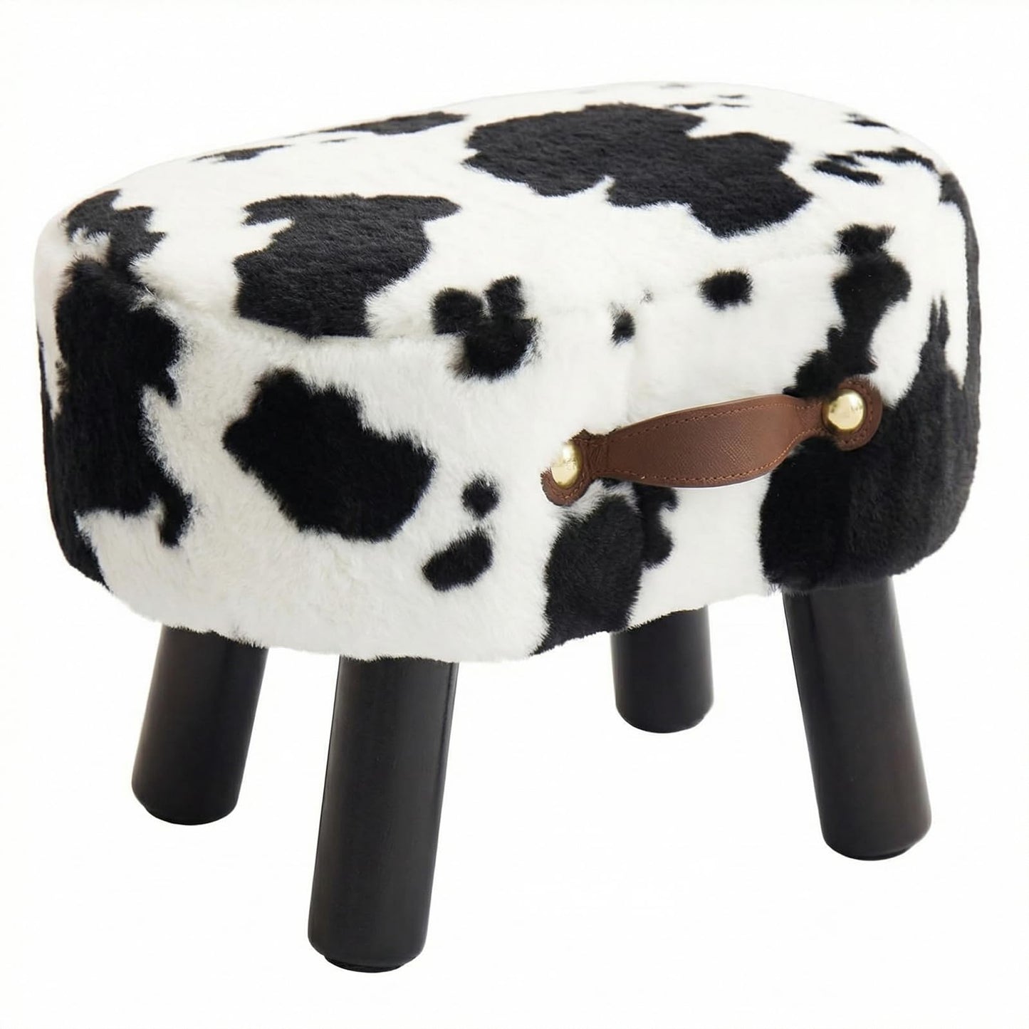 Leesingdo Small Footstool with Handle, Faux Fur Ottoman Foot Rest with Padded Seat, Curved Foot Stool with Wooden Legs, Portable Foot Rest for Living Room, Bedroom, Entryway, Cow
