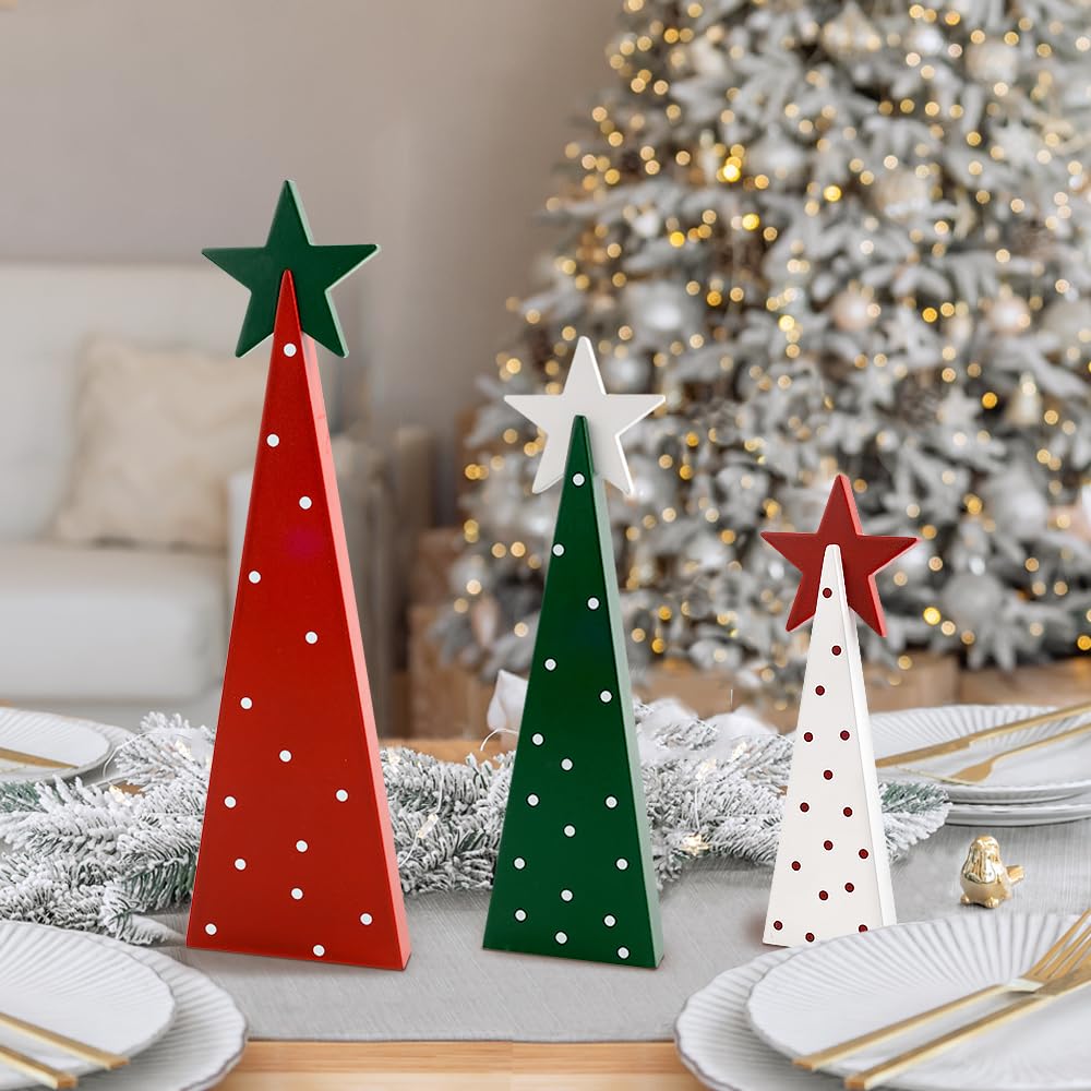Christmas Decorations Indoor, Christmas Decor - 3 PCS Wooden Xmas Tree Signs with Stars for Home, Table, Fireplace Mantel, Shelf, Office Desk, Party Decor - Xmas Holiday Decorations