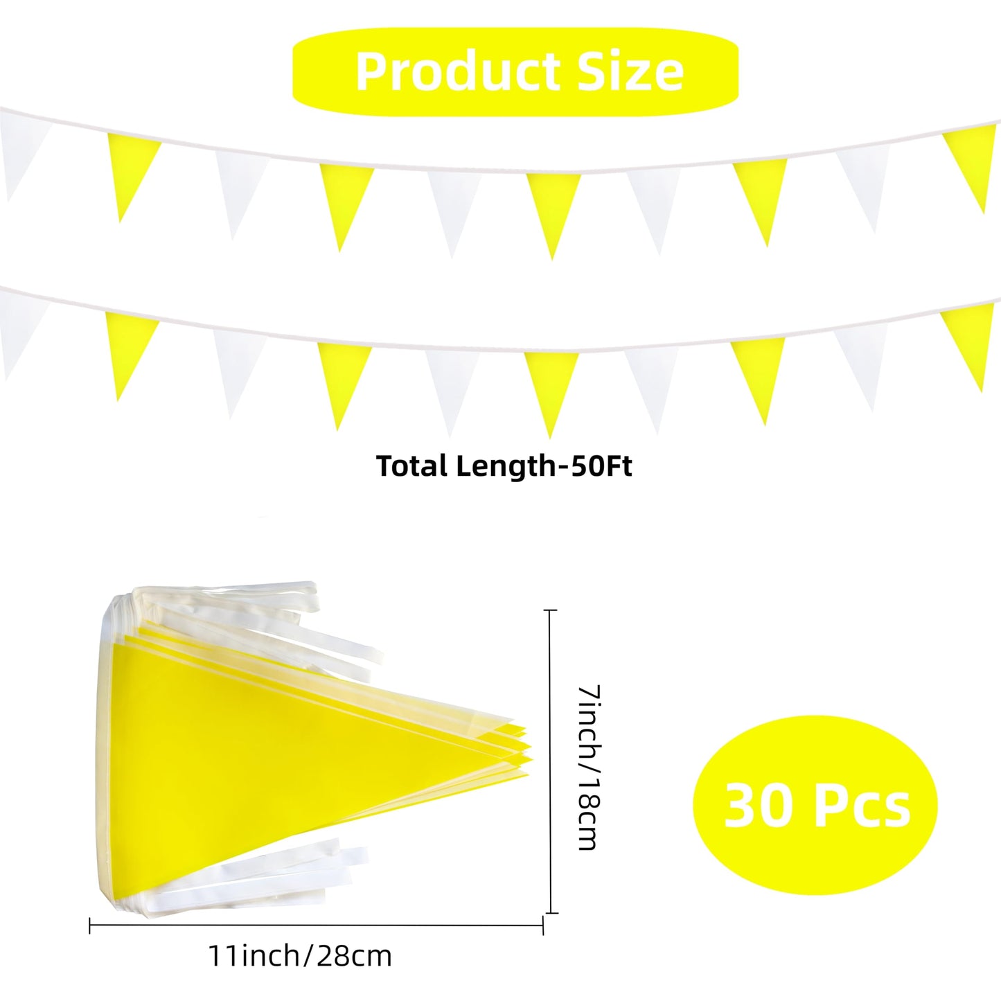Rotenl 50 Feet 30 Pcs Yellow and White Pennant Banner Flags String Hanging Triangle DIY Flags, Bunting Streamers Decorations for Grand Opening, Birthday, Wedding, Party Celebration (1)