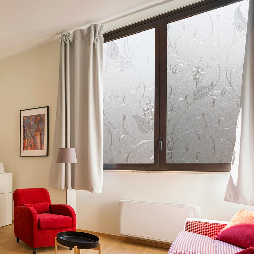 Static Cling Non-Adhesive Frosted Glass Window Film for Decorative Decals and Privacy Covering on Shower Doors and Bathroom Doors (Vine, 17.7'' x78.7'')