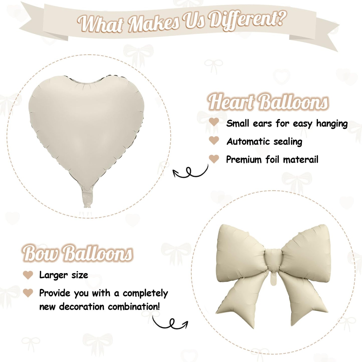 Cream Heart Balloons, Bow Party Decorations with 10Pcs 18 Inch Beige Heart Shaped Balloon, 38 Inch Helium Cream Bow Balloon for Birthday Valentines Engagement Baby Shower Bridal Wedding Party Decor