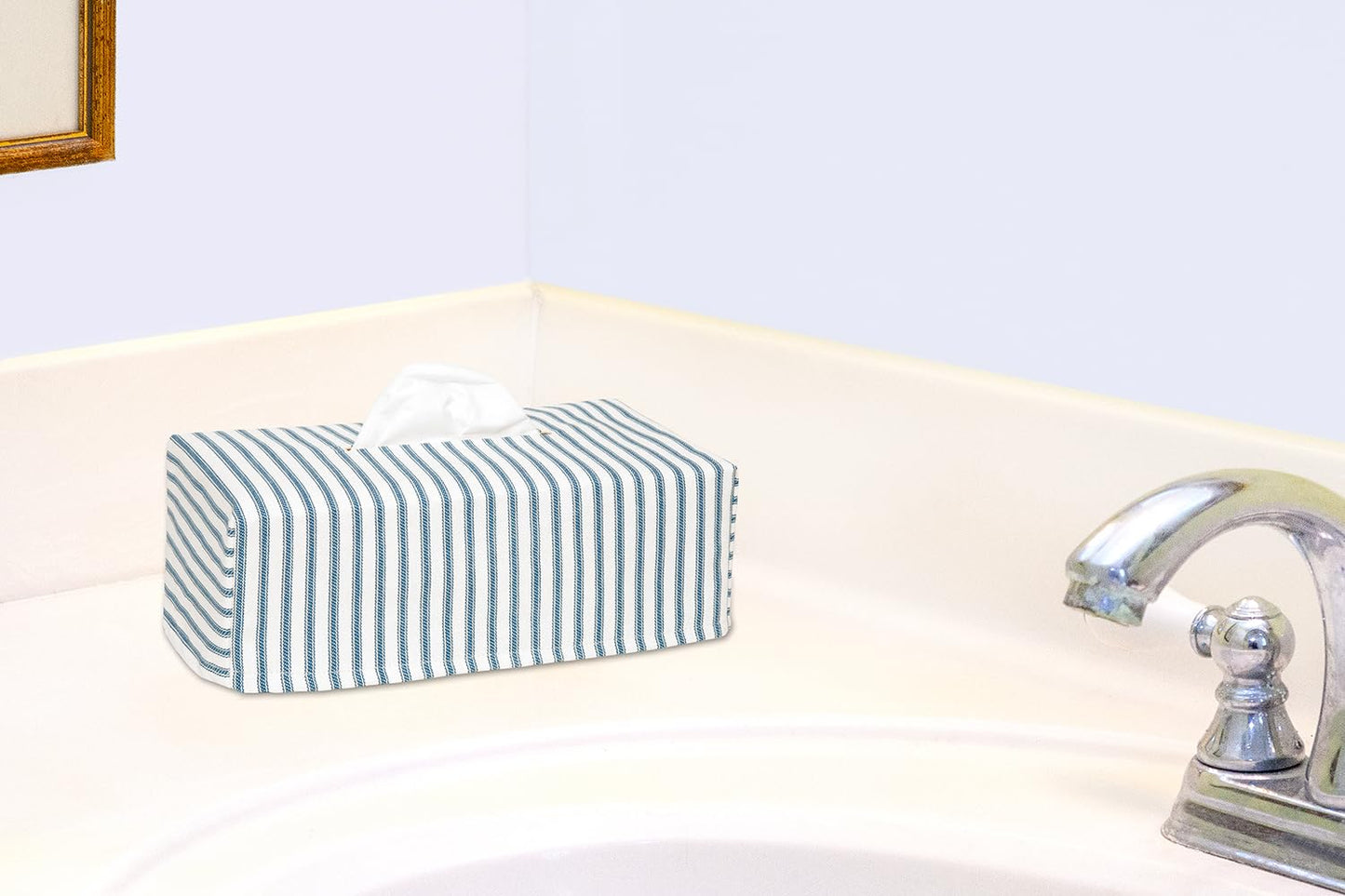 Fabric Tissue Box Cover, Tissue Holder Slipcover, Slips Over Rectangular Cardboard Facial Tissue Boxes -Decorative Blue Stripe Cotton Fabric, Made in USA