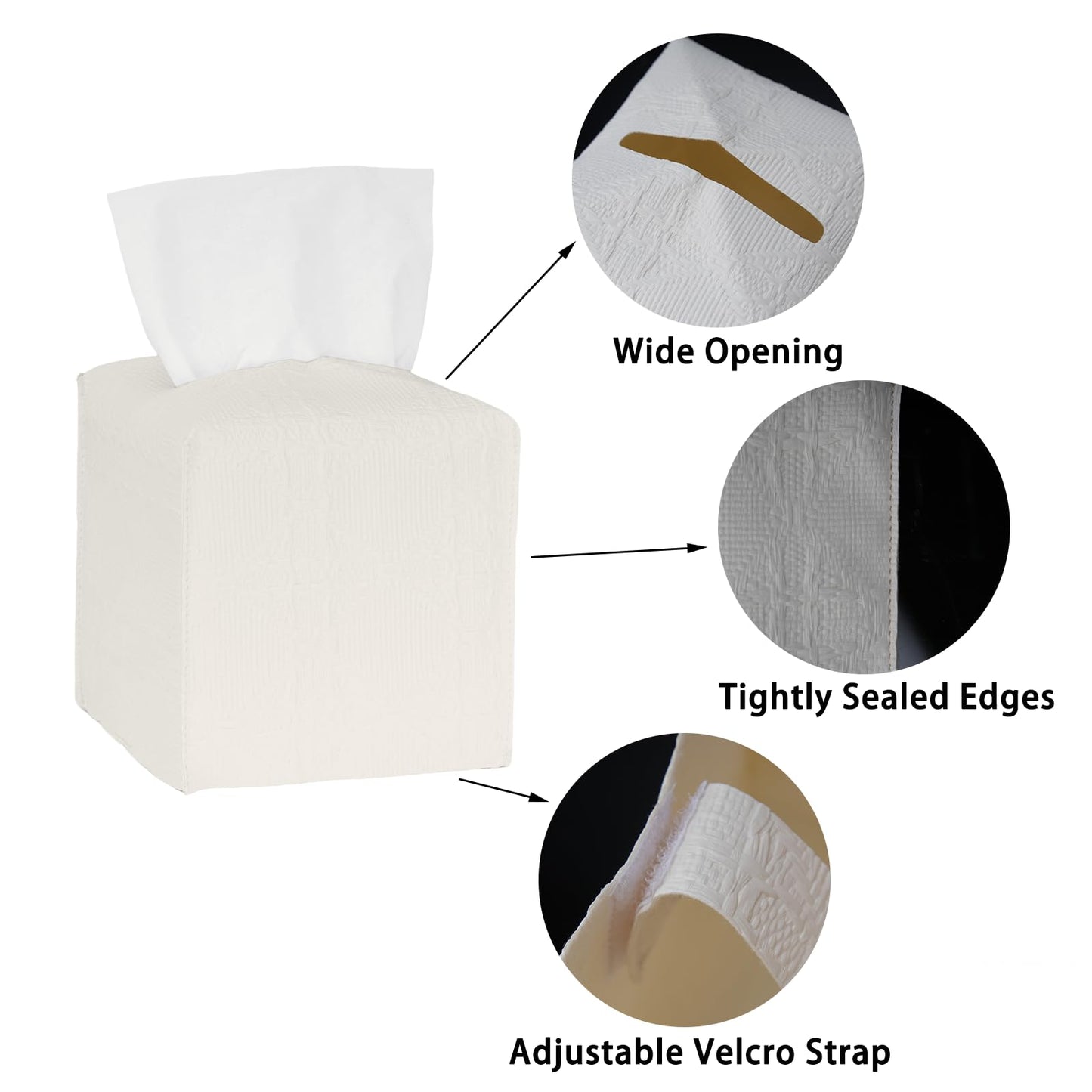 Avolander Tissue Box Cover 2-Pack, Square Tissue Holder with Bottom Belt, Modern Tissue Case Facial Paper Organizer Dispenser for Bathroom, Office, Home, Table, Car, White, Linen Pattern