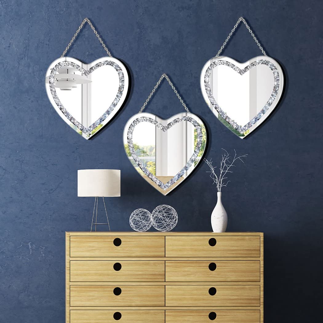 DMDFIRST Crystal Crush Diamond Heart Shaped Silver Mirror with Silver Stainless Steel Chain for Wall Decoration 12x12x0.5 inch Frameless Glam Mirror