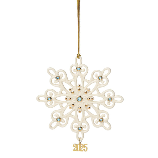 Lenox Ornament, 2025 Gemmed Snowflake Ornament, Porcelain with Gold Accents and Blue Gemstones, Christmas Tree Decorations, Christmas Decoration, Gold Cord for Hanging Included (Cream, 1 Piece)