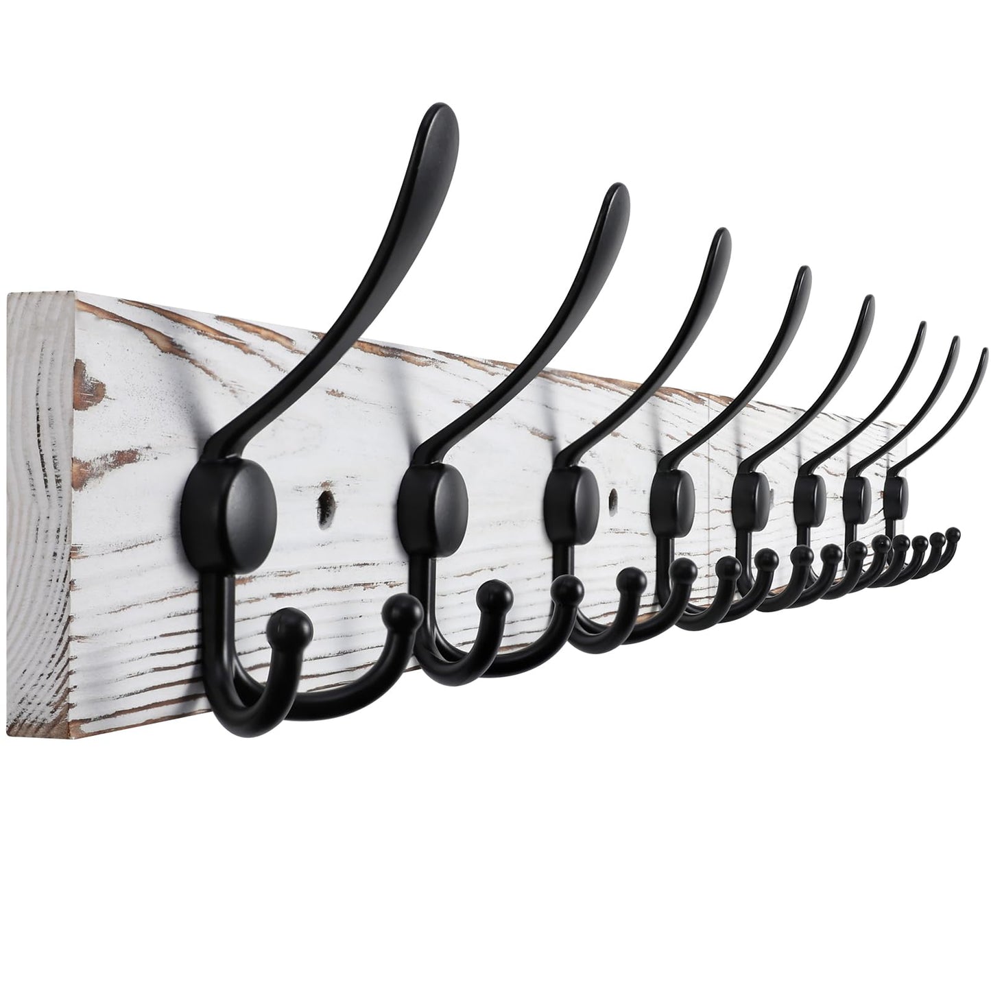 Kuhome 32.2'' Large Coat Rack Wall Mount Coat Hooks with 8 Metal Black Triple-Hooks Old White Pine Real Wood Plank Hat Rack for Wall Hooks
