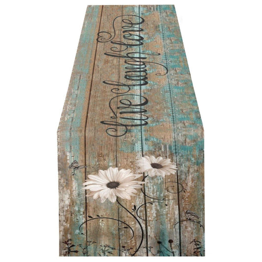Giwawa Rustic Daisy Flower Table Runner- 13"x70" Vintage Sunflower on Wood Board Live Laugh Love Backdrop- Cabin Farmhouse Decorative Dresser Scarves for Tabletop Dining Kitchen Party