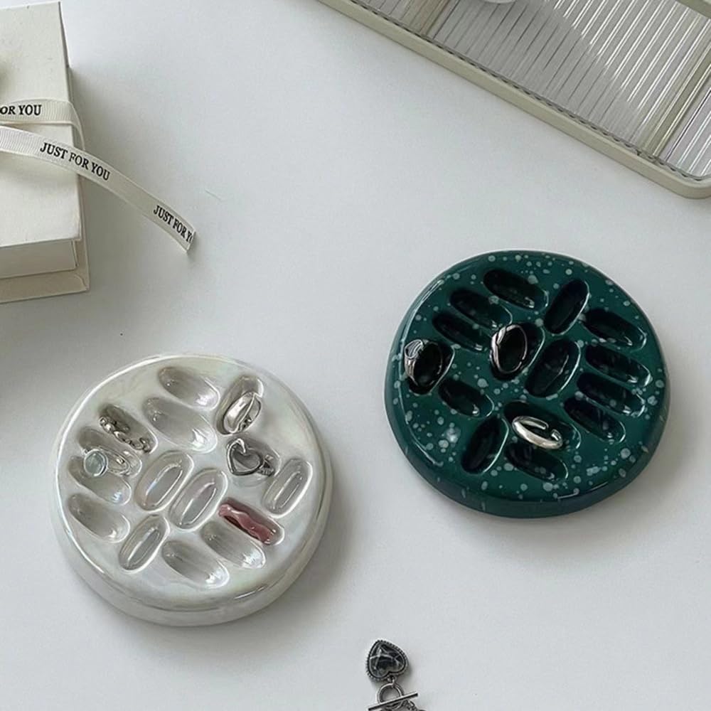 gugululu Ceramic Ring Tray, Handmade Green Ring Dish Rings Holder Ins Blogger Same Rings Organizer Plate 15 Slots Decorative Jewelry Tray for Birthday Mother's Day Gift (dark green)