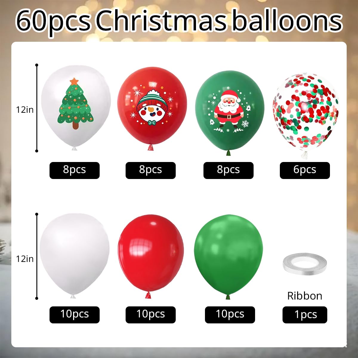LAOREI Christmas Party Balloons Decorations 60PCS,12 Inch white Red Green Santa Claus Confetti Balloons for Kids Christmas Birthday Bachelorette, Santa, Snowman Party Decorations