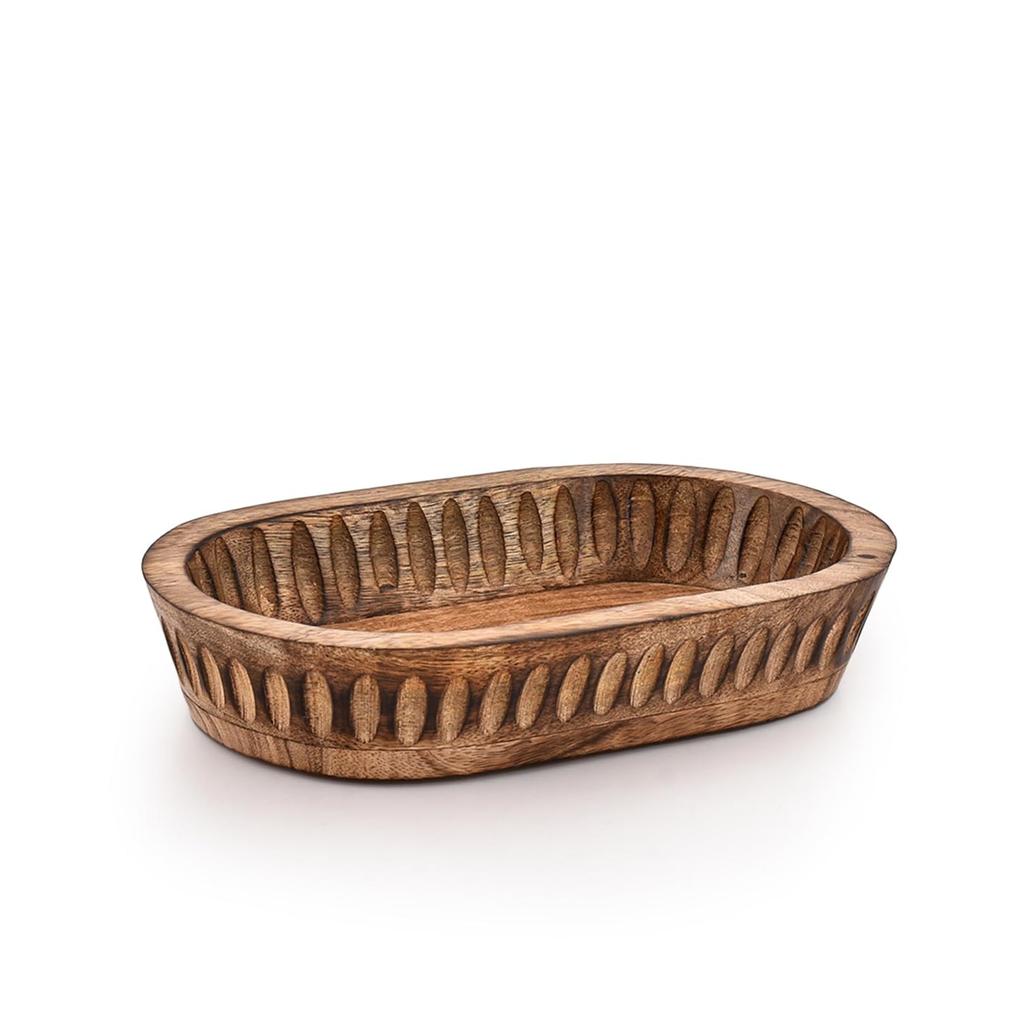 Kaizen Casa Decorative Bowl Mango Wood for Home Decor, Unique Centerpiece Bowl, with Hand Carved Vertical Stripes for Home Decor, Bathroom, Kitchen Counter, & More (10" x 6" x 2")