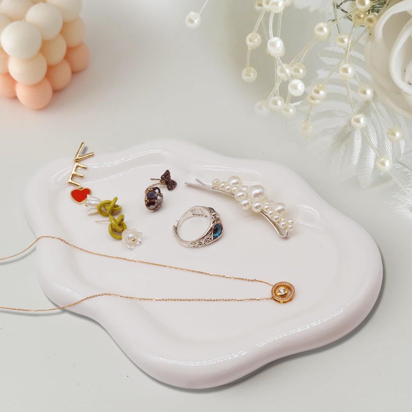 Ceramic Jewelry Dish for Women, Jewelry Tray Trinket Dish, Irregular Cloud Shape Ceramic Plate, Watch Keys Tray Ring Dish Holder for Mother's Day/Christmas/Thanksgiving/Birthday Gift(White)