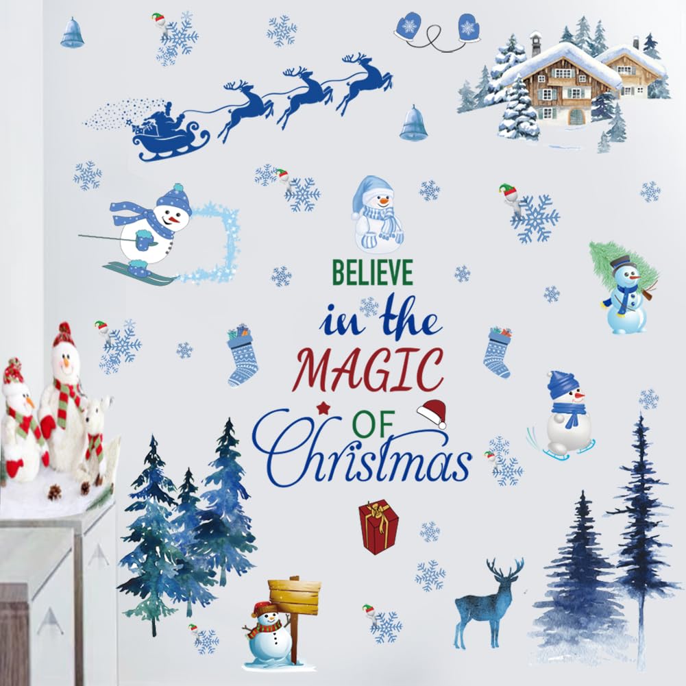 Santa Claus Christmas Tree Wall Sticker - Removable Vinyl DIY Wall Decor for Party, Playroom, Bedroom, Classroom, Living Room - Blue
