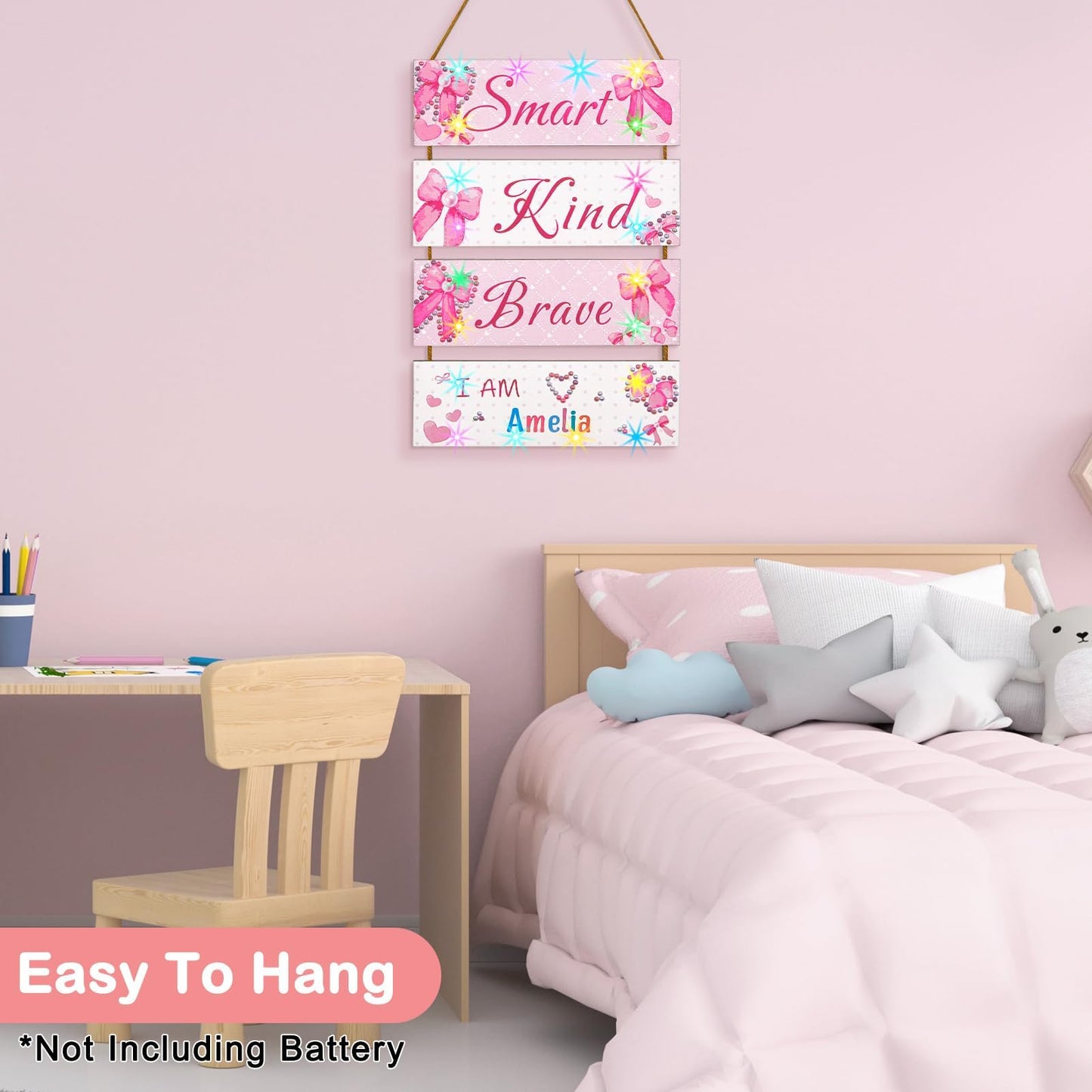 Unicorn Castle Girls Room Decor with LED Light Inspirational Motivational Room Decor for Teen Boys Wall Decor Art with Sticker for Nursery, Pink Bow