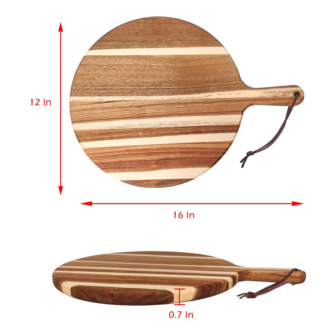 Garaten Round Acacia Wood Cutting Board with Handle - 12 Inch Wooden Charcuterie Board and Serving Platter - 0.7" Thick Acacia Wood Chopping Board for Kitchen with Leather Strap