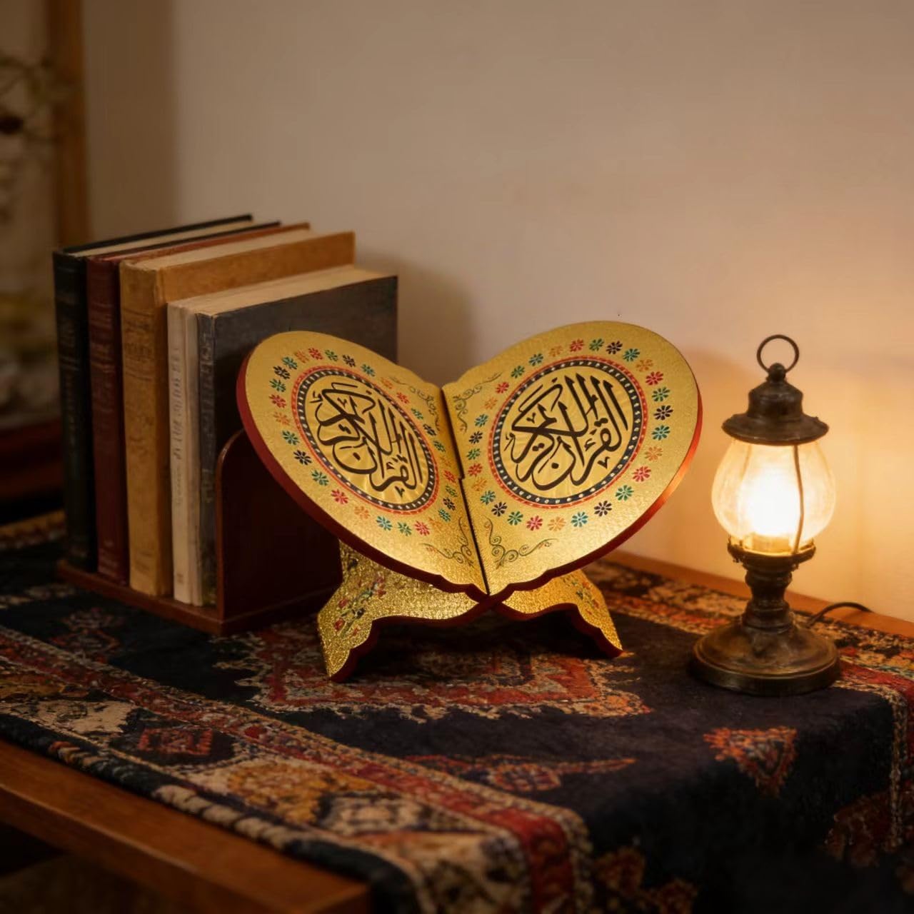 KYMY Muslim Quran Rehal Book Stand – Foldable Wooden Carved Quran Reading Holder for Al-Quran, Koran, Bible Books, Islamic Prayer Book Stand for Ramadan & Eid Decor