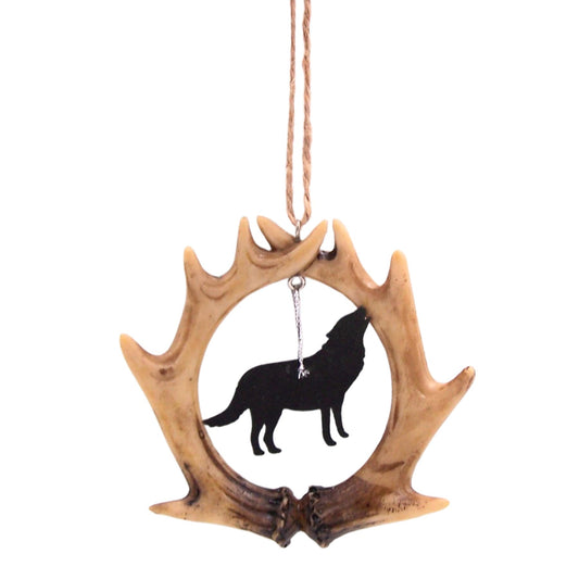 Antler Wolf Ornament, Rustic Holiday Decoration, 3.75 Inches