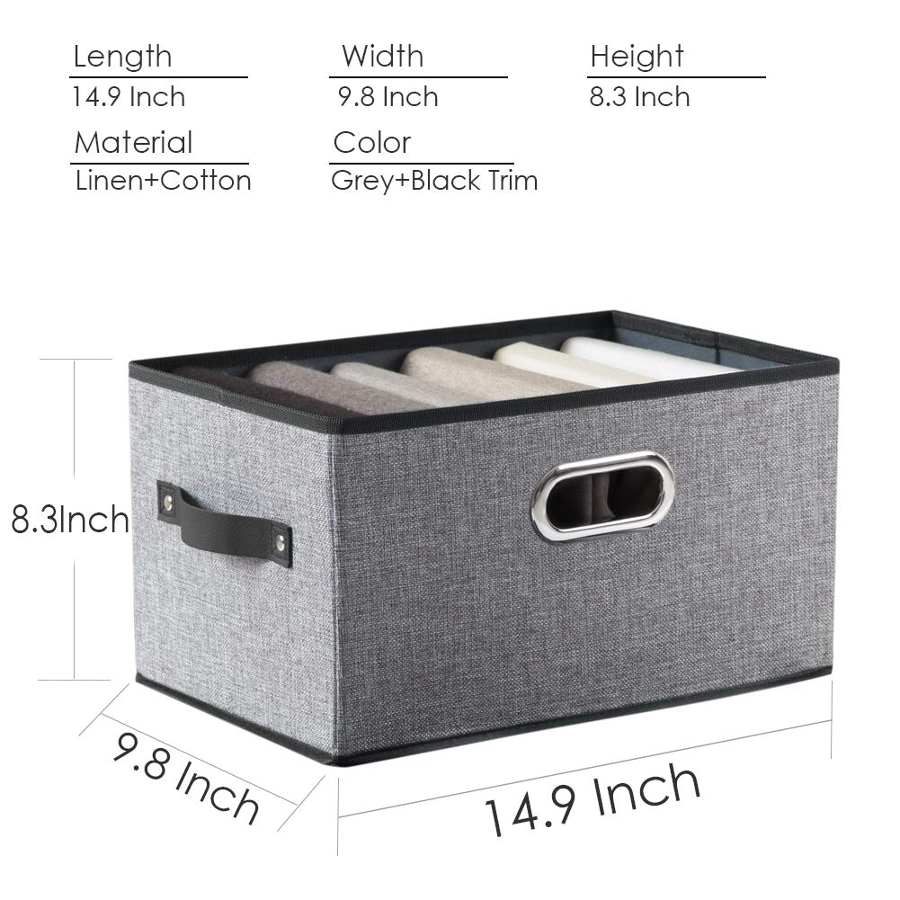 PRANDOM Large Foldable Storage Bins for Shelves [3-pack] Decorative Linen Fabric Storage Baskets Cubes with Leather/Metal Handles for Closet Nursery Office Grey and Black Trim (14.9x9.8x8.3 Inch)