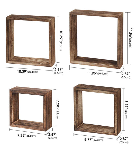 J JACKCUBE DESIGN Floating Hanging Square Shelves Wall Mounted Rustic Wood Cube Display Shelf Shadow Boxes Decorative Boho Home Décor for Living Room, Bedroom, Office, Set of 4 (Brown) - MK571B
