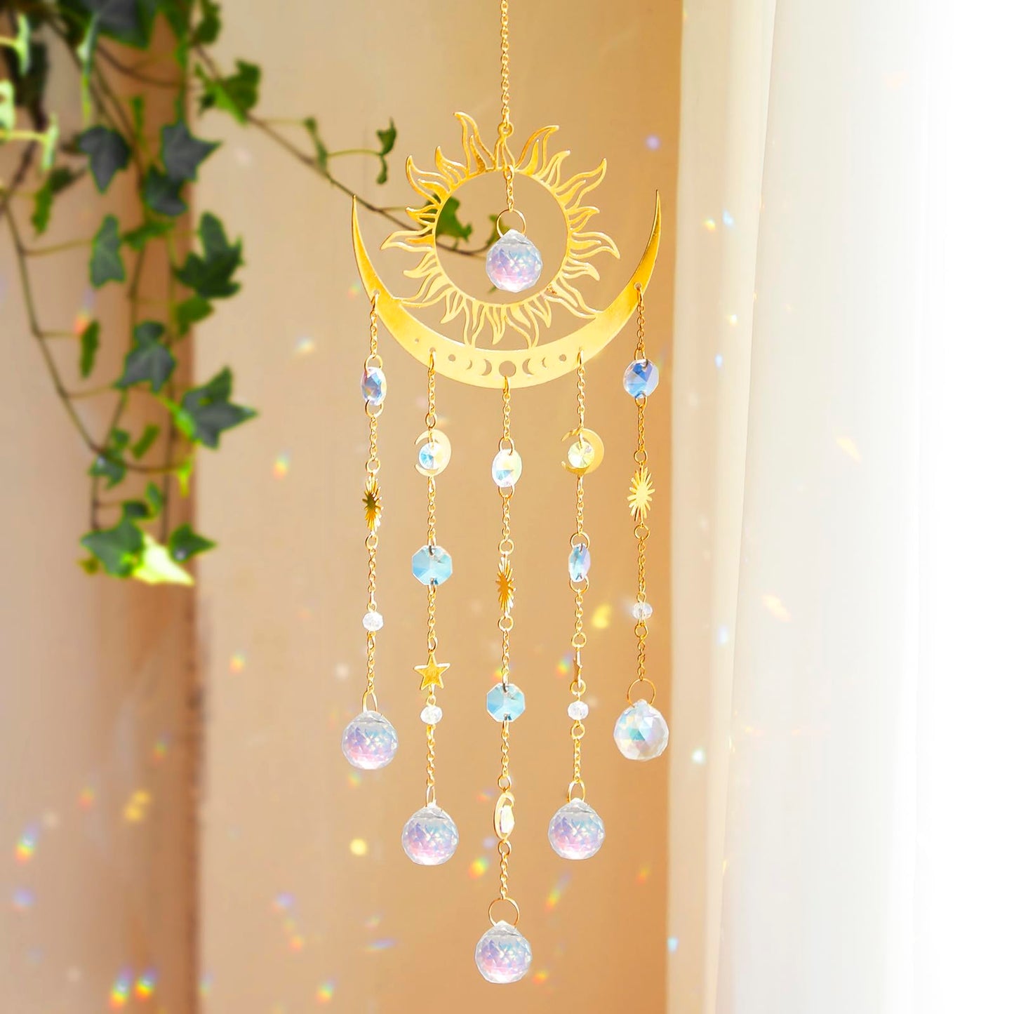 Artilady Sun and Moon Suncatcher - Large Crystal Wind Chimes for Outside Stained Glass Window Hanging Prisms Garden Backyard Ceiling Room Decor Christmas Housewarming Birthday Gift for Girls
