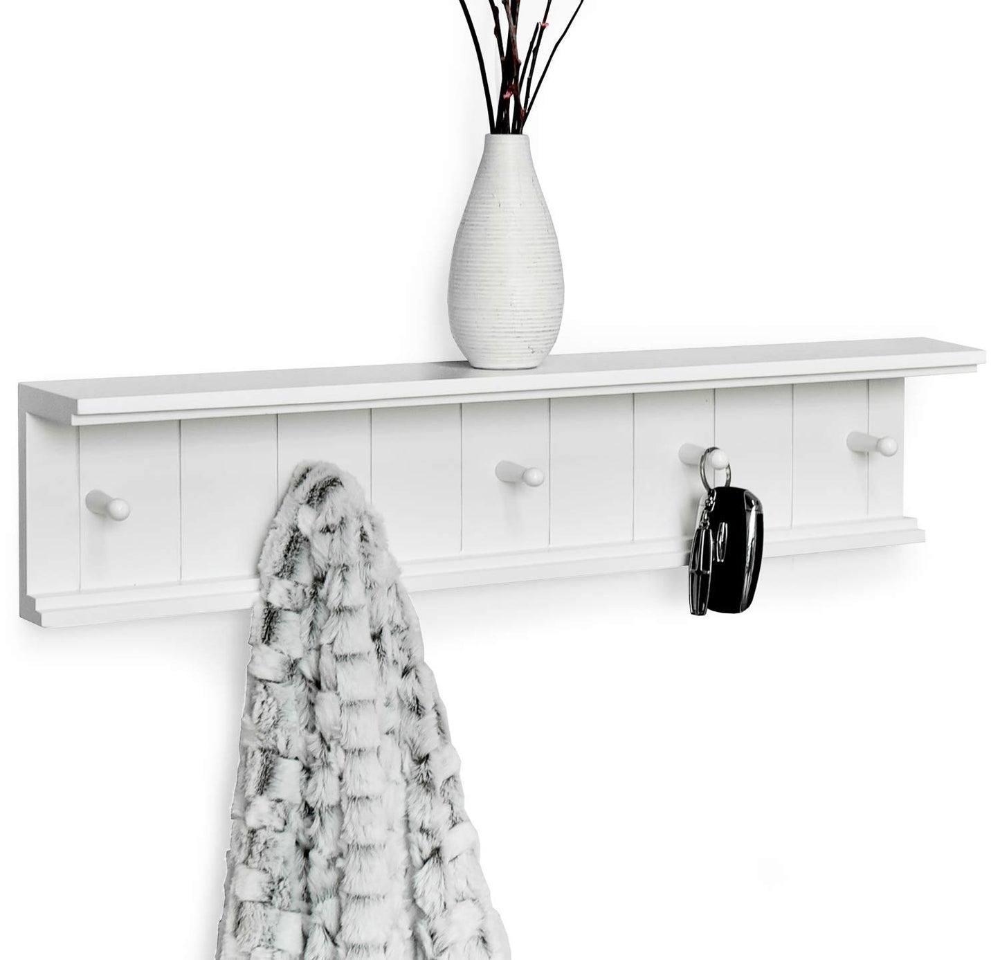Greenco Entryway Wall Mounted Floating Shelf with Wooden Peg Style Hooks, Hat and Coat Hanging Storage Shelf, 24” – White