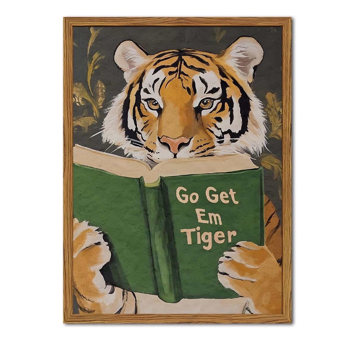 Framed Funny Tiger Wall Art, Motivational Animal Reading Wall Decor Paintings, Eclectic Go Get Em Tiger Canvas Prints Pictures Home Decor for Living Room Bedroom Dorm Office 12x16 inch