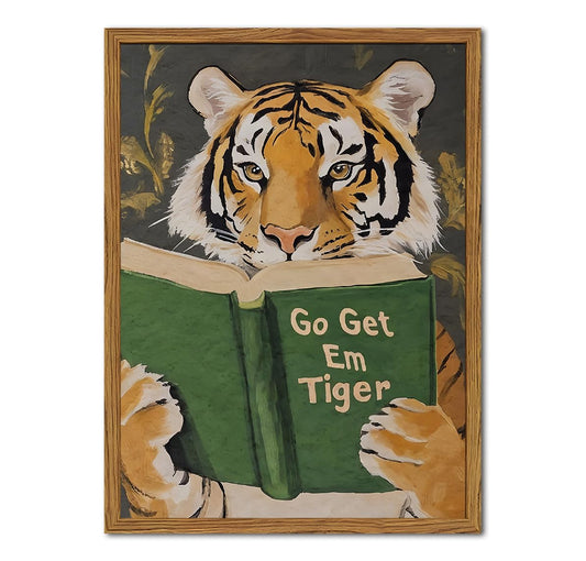Framed Funny Tiger Wall Art, Motivational Animal Reading Wall Decor Paintings, Eclectic Go Get Em Tiger Canvas Prints Pictures Home Decor for Living Room Bedroom Dorm Office 12x16 inch