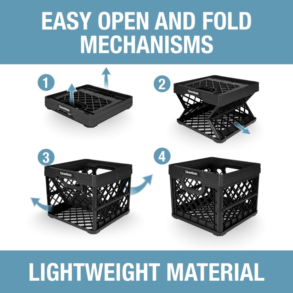 CleverMade Collapsible Milk Crate 25L (6.6 Gal), 50 lb Capacity Heavy Duty Folding Crate – Stackable Storage Crates with File Rails, Plastic Collapsible Crates - Obsidian