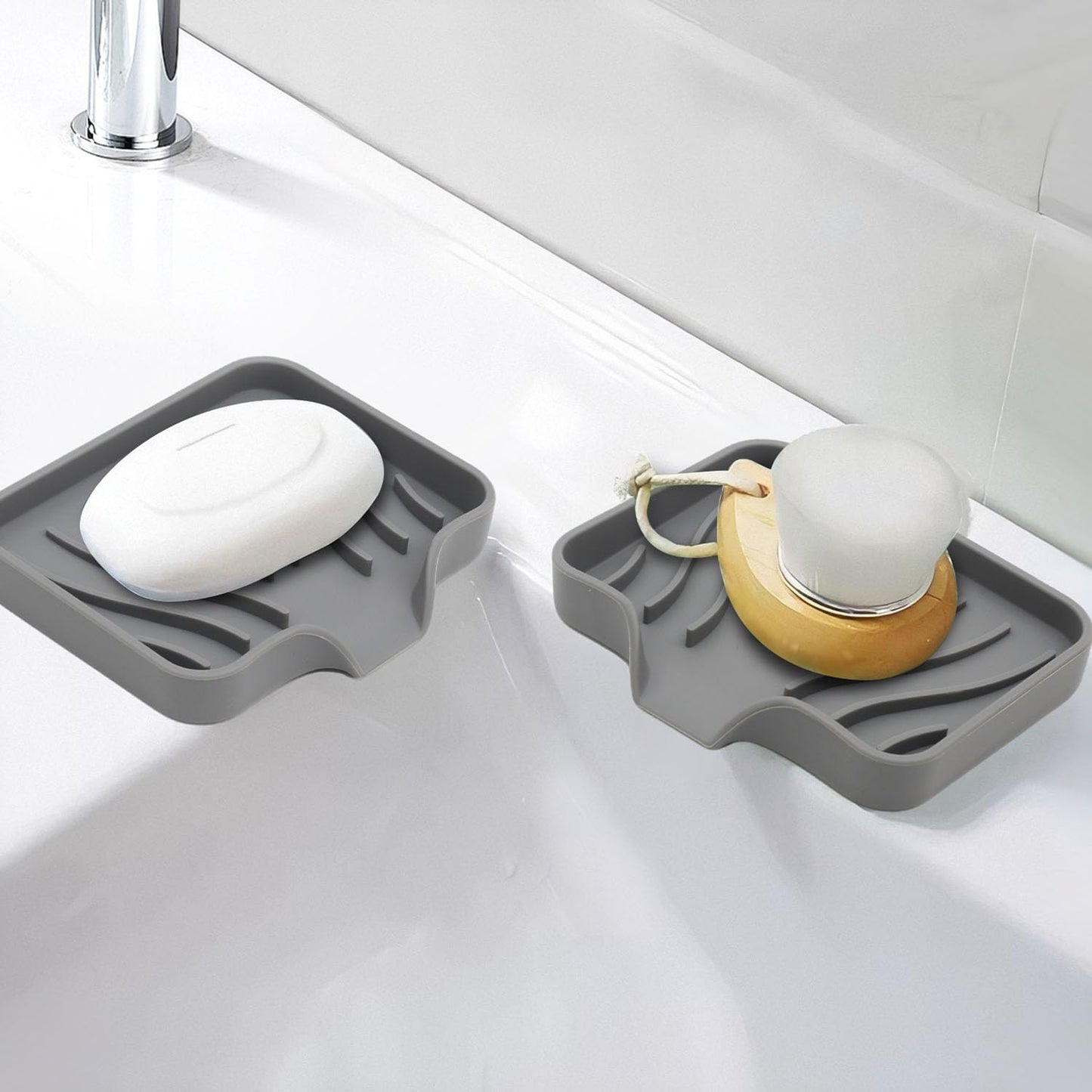 Soap Dish with Drainage, Gray Silicone Soap Holder for Bathroom Sink, 2 Pack