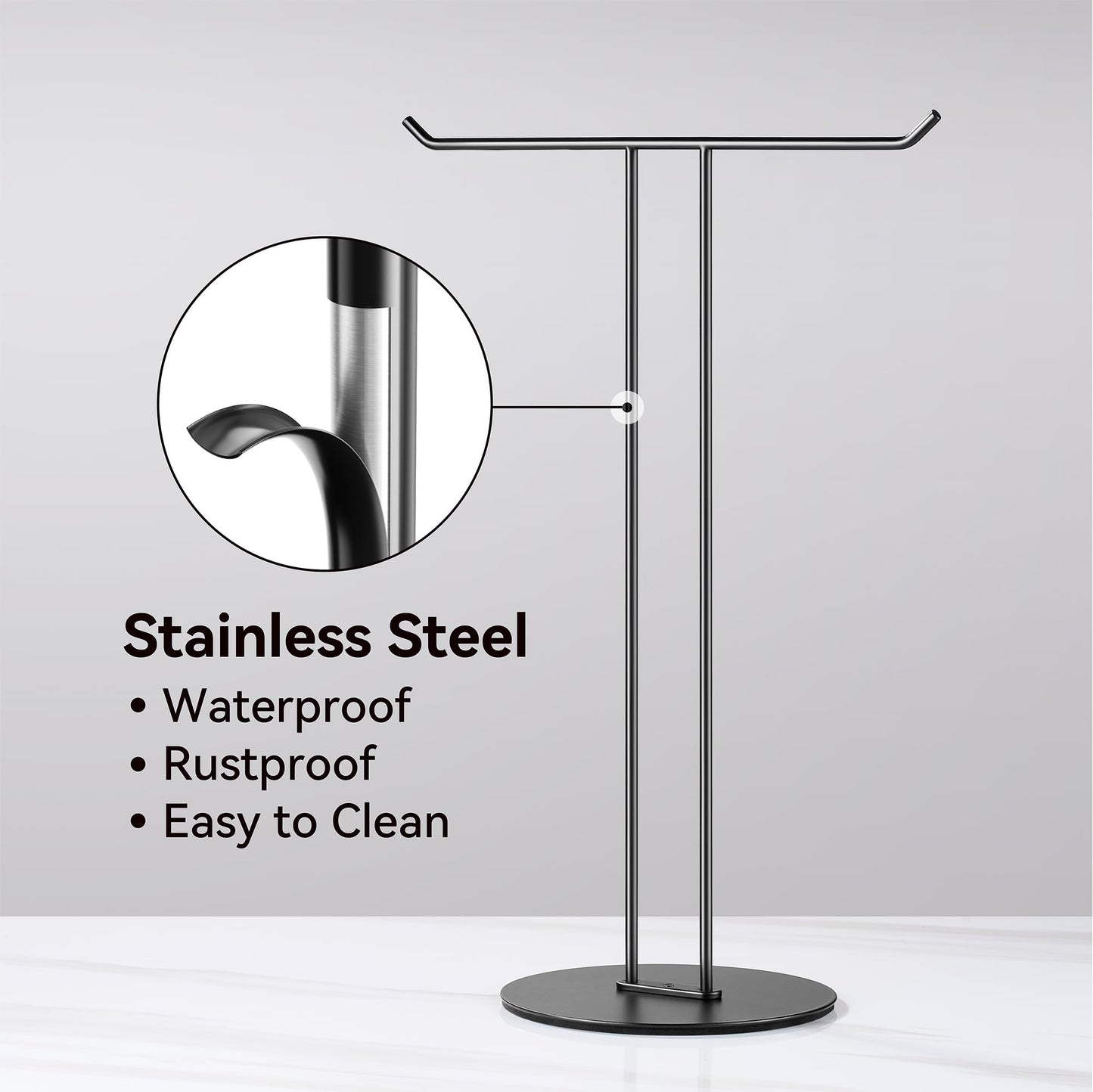 T-Shaped Hand Towel Holder Stand – Countertop Stainless Steel Towel Rack with Non-Slip Base for Bathroom, Kitchen, Vanity, Matte Black