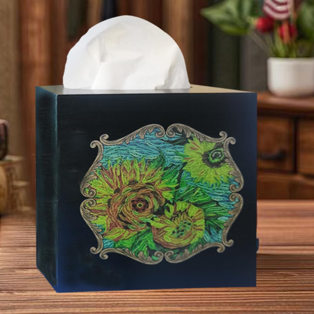 TAIANLE. Rustic Wooden Tissue Box Cover Square, Floral Sunflower Model Facial Tissue Holder, Wood Flower Box Cover Square Cube for Bathroom Bedroom Dinner Decro