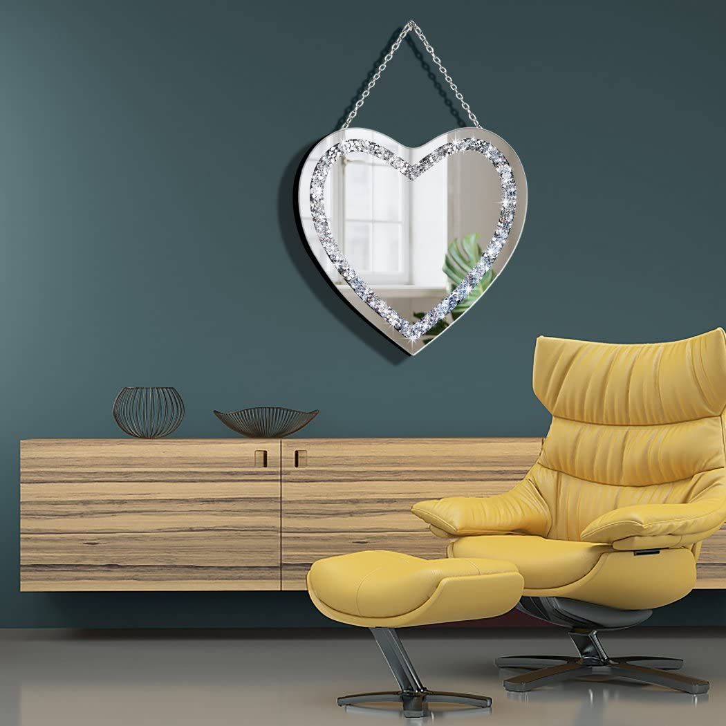 DMDFIRST Crystal Crush Diamond Heart Shaped Silver Mirror with Silver Stainless Steel Chain for Wall Decoration 12x12x0.5 inch Frameless Glam Mirror