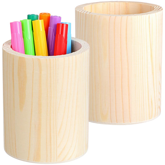 ARTIBETTER 2pcs Unfinished Wooden Pencil Holder Pine Pen Cup Wood Desk Pencil Holder Stand Rustic Makeup Brush Storage Kitchen Cookware Organizer for DIY Graffiti Round