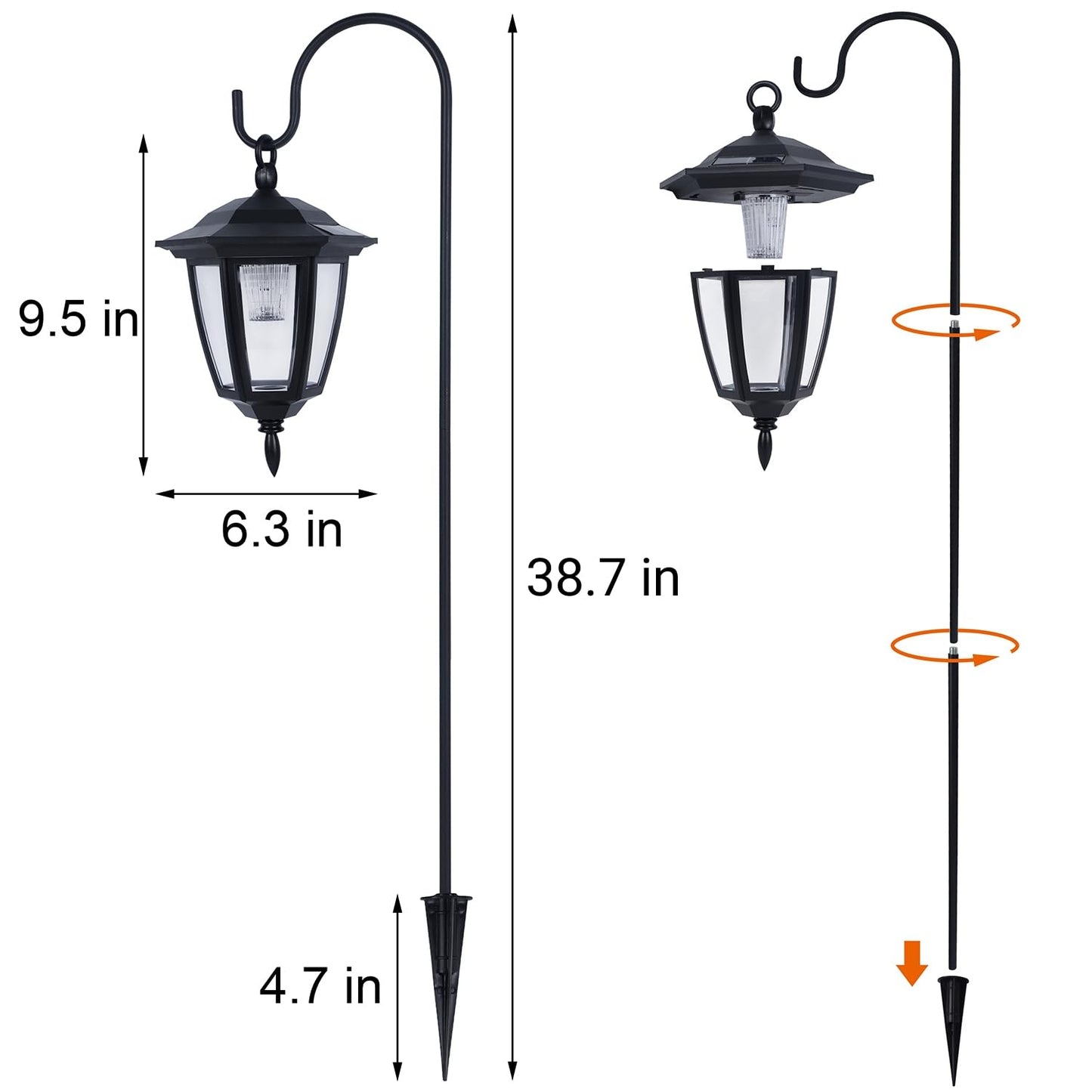 Dynaming 2 Pack Solar Hanging Lights Outdoor, Solar Powered Garden Decorative Lanterns with 2 x 38 Inch Shepherd Hooks, Waterproof Landscape Lighting for Lawn Patio Yard Pathway Driveway, Warm White