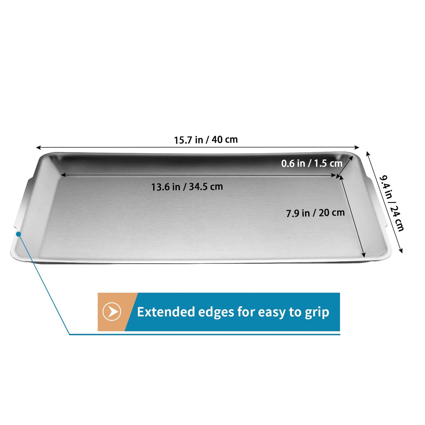 Sanbege Large 304 Stainless Steel Serving Platter, 15.7" Rectangle Camping Plate, Vanity Organizer Tray for BBQ, Party, Buffet, Appetizer, Bathroom Supplies (Brushed Nickel)