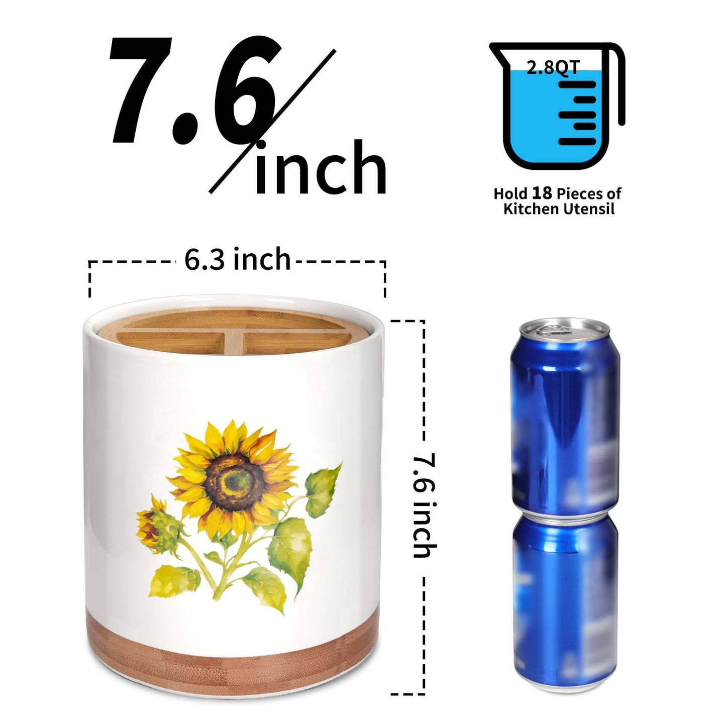 HAPPY KIT 7.6″ Extra Large Kitchen Utensil Holder, 360° Rotating Utensil Holder for Kitchen Counter with 3 Removable Compartment, Housewarming Gift & Farmhouse Decor(Sunflower)
