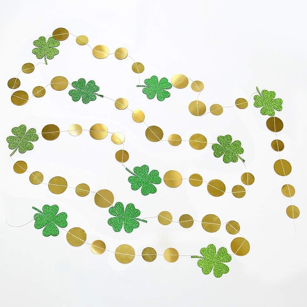 Cheerland St Patricks Day Decorations Green Shamrock Garland 4 Leaf Clover Glitter St Paddys Banner Hanging Streamers for Saint Patrick's Day Lucky One Birthday Irish Party Supplies Spring Decor 52Ft