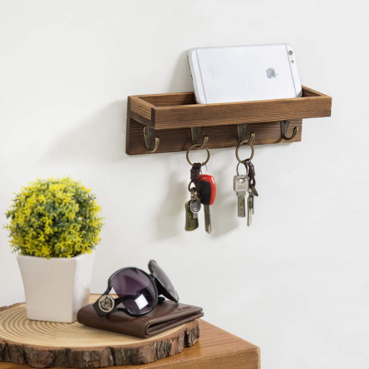 MyGift 10 Inch Floating Wall Shelf with Hooks, Dark Brown Wood Entryway Storage Shelf with 4 Metal Key Hooks