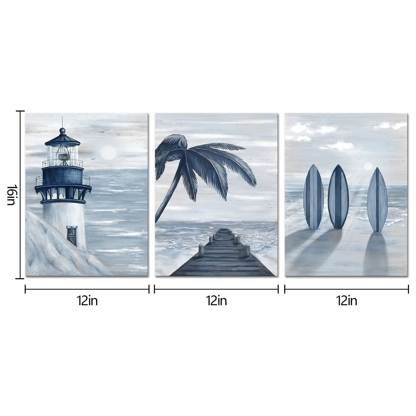 HOMEOART Blue Beach Wall Art Prints Ocean Pier Coastal Dock Seascape Lighthouse Painting Nautical Theme Framed Stretched Artwork Living Room Home Wall Decor 12"x16"x3 pcs