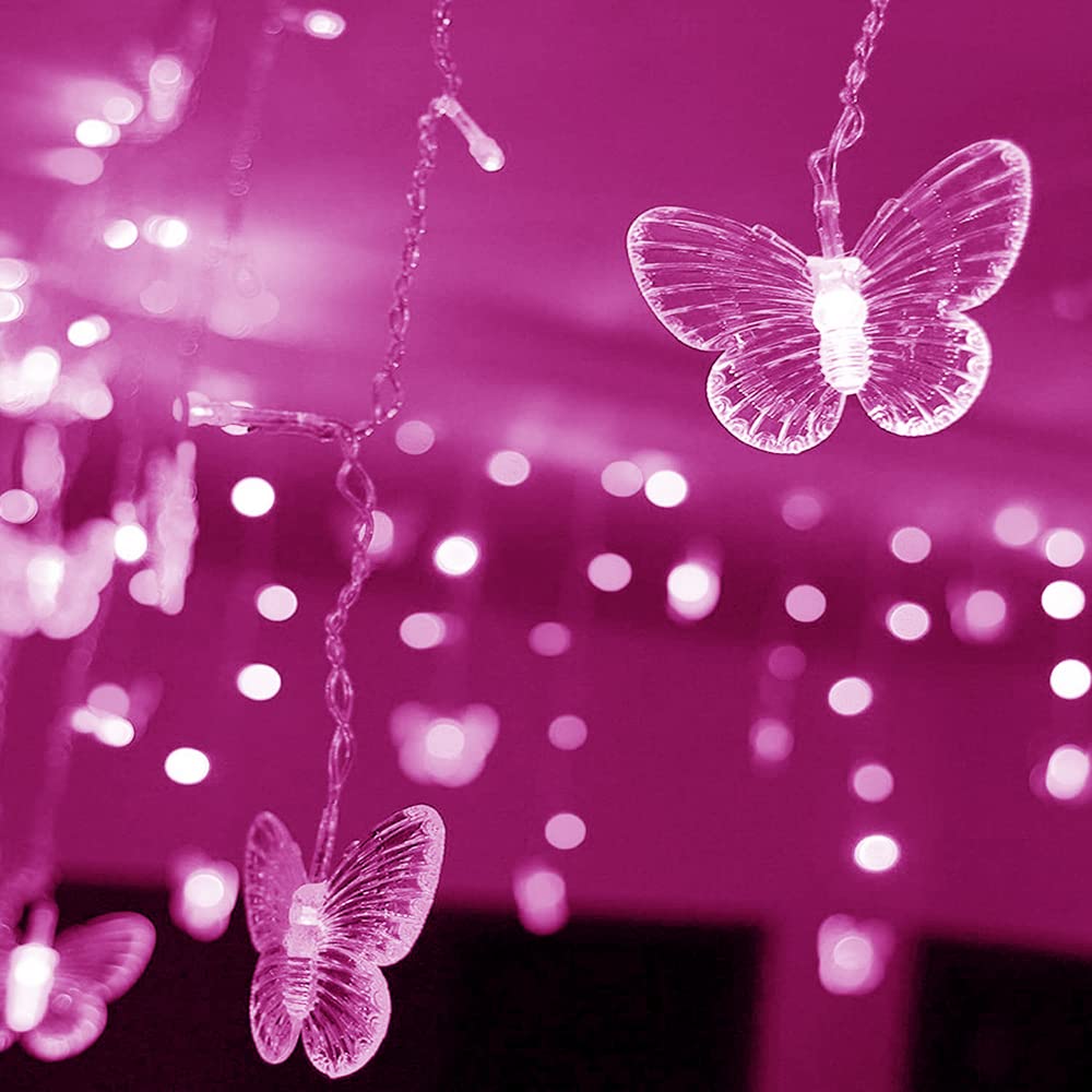 Lainin USB Powered String Light 13FT 96LED Curtain Light 16 Butterflies Strings 8 Mode Fairy Light Strip for Party Indoor Outdoor Room Garden Wall Wedding Christmas Xmas Decorations (Pink)